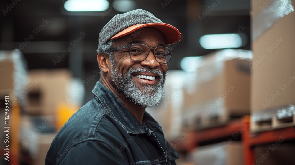 Smiling worker in warehouse packing cardboard boxes Smiling worker in warehouse packing cardboard boxes