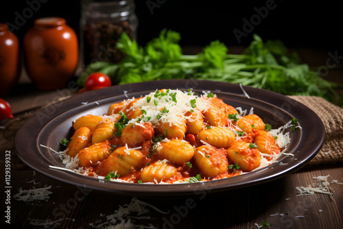 Premium Italian Homemade Gnocchi Dressed in Rich Tomato Sauce, Topped with Fresh Parsley and Parmesan Cheese