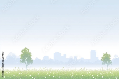 Misty morning city skyline over a field of wildflowers and trees.