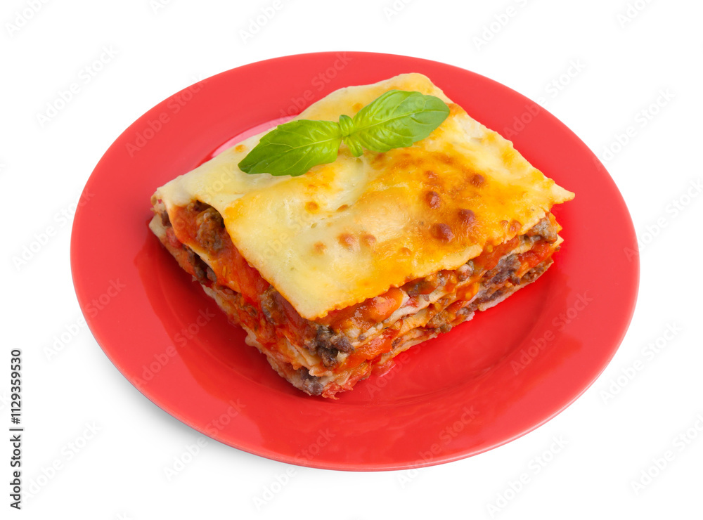 Piece of delicious cooked lasagna with basil isolated on white Piece of delicious cooked lasagna with basil isolated on white