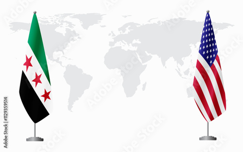 Syrian Revolution and USA flags for official meeting against background of world map.
