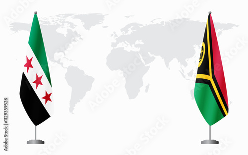 Syrian Revolution and Vanuatu flags for official meeting against background of world map.