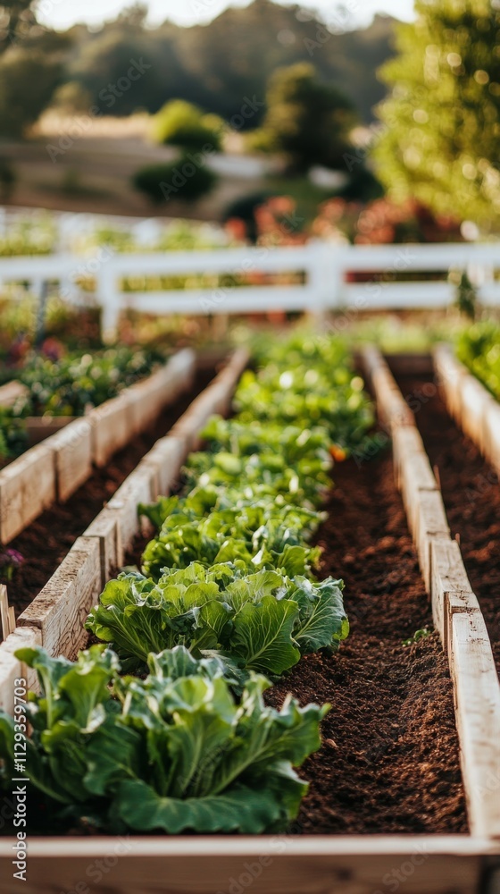 Lush green vegetable garden in raised beds during golden hour in rural setting Lush green vegetable garden in raised beds during golden hour in rural setting