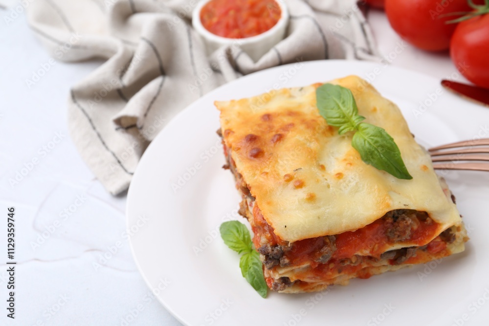 Piece of delicious cooked lasagna with basil on white textured table, closeup Piece of delicious cooked lasagna with basil on white textured table, closeup