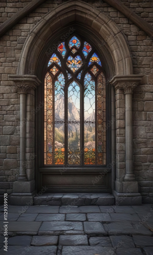Castles window with stone arches and stained glass, stone, medieval