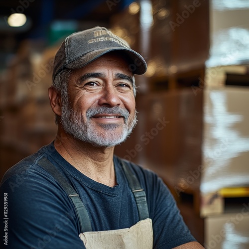 Smiling worker in warehouse packing cardboard boxes