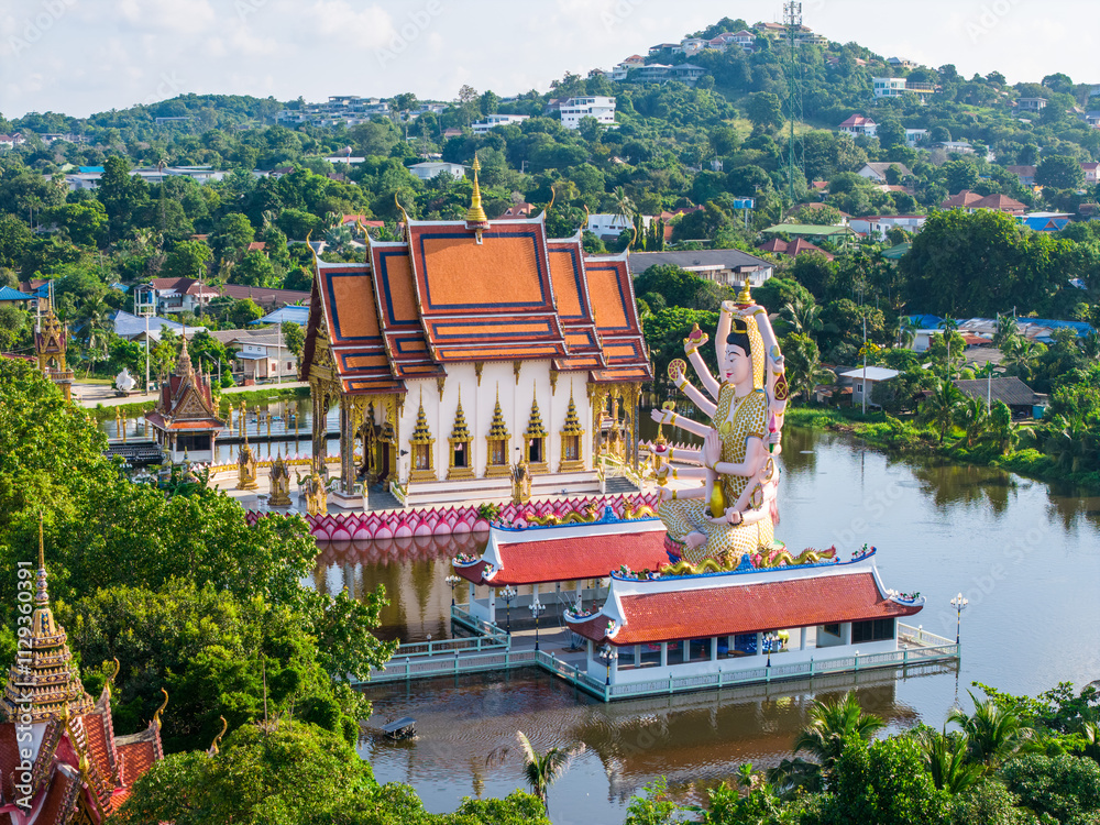 Fototapeta premium Aerial view of Wat Plai Laem in koh Samui island, Thailand