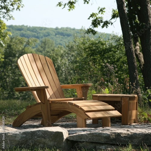 Wooden Adirondack chair and ottoman on rocks, outdoors, nature background.