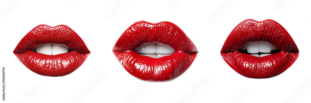 Set of A close-up shot of a woman's red lips with a glossy finish on transparent png background Set of A close-up shot of a woman's red lips with a glossy finish on transparent png background