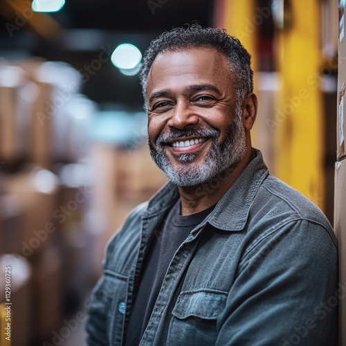 Smiling worker in warehouse packing cardboard boxes