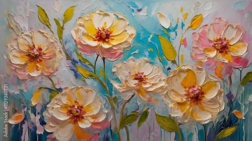 Springtime theme, banner, wall decoration, fluid abstract expressionism, blooming flowers, aesthetics, colorful, floral, inspirational, tenderness, illustration, oil painting, vibrant, nature, 