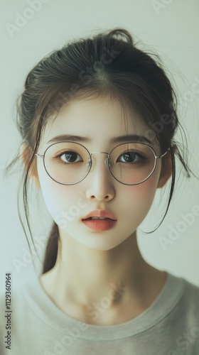 Young woman with glasses gazes confidently at the camera in a minimalist setting