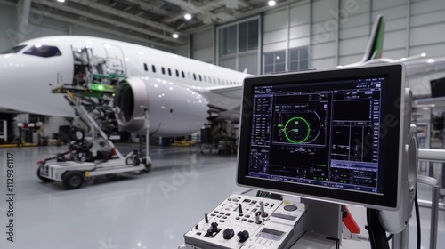 Close-up of aircraft systems being tested, diagnostic equipment displaying data, technician performing checks on avionics, maintenance station, modern aircraft workshop