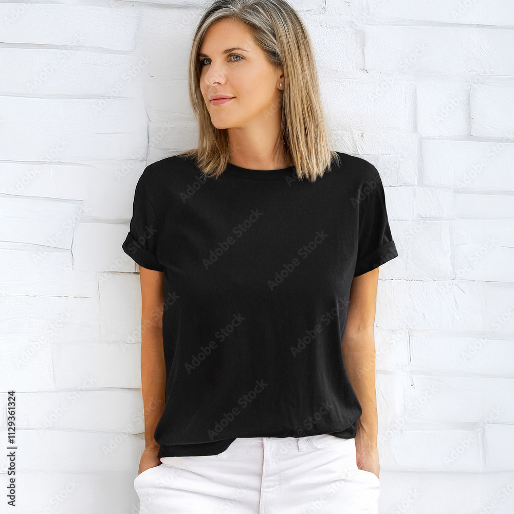 Young Girl in template blank black tshirt isolated on white stone background. Young Girl in template blank black tshirt isolated on white stone background.
