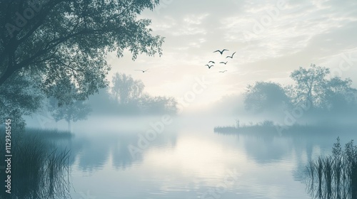 Misty dawn, tranquil lake, birds fly, trees reflected.