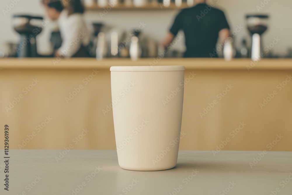reusable coffee cup placed on café table with blurred baristas working in background reusable coffee cup placed on café table with blurred baristas working in background