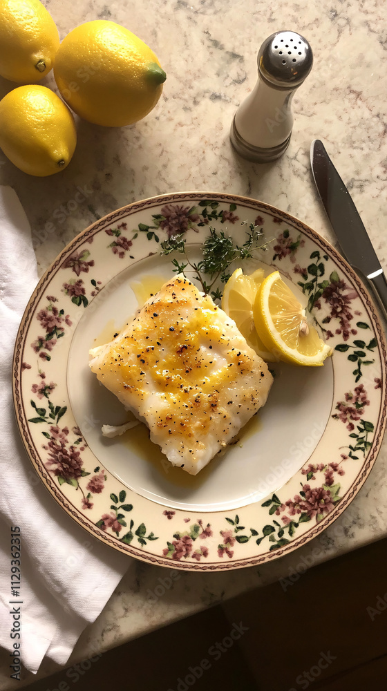 Elegant Baked White Fish Fillet with Lemon Garnish on Decorative Plate for Culinary and Food Photography Themes Elegant Baked White Fish Fillet with Lemon Garnish on Decorative Plate for Culinary and Food Photography Themes
