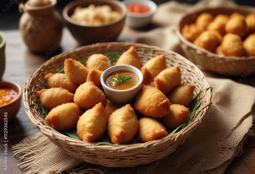 Crispy fried Pempek served on a woven basket with a side of Cuko sauce, tapioca flour, appetizer Crispy fried Pempek served on a woven basket with a side of Cuko sauce, tapioca flour, appetizer