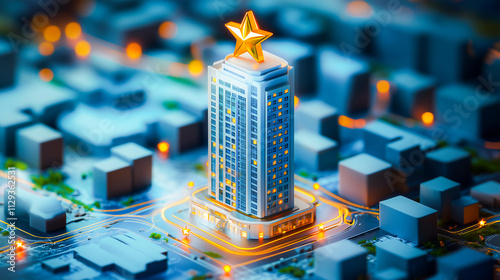 3D golden star above high building , rating golden star hotel .