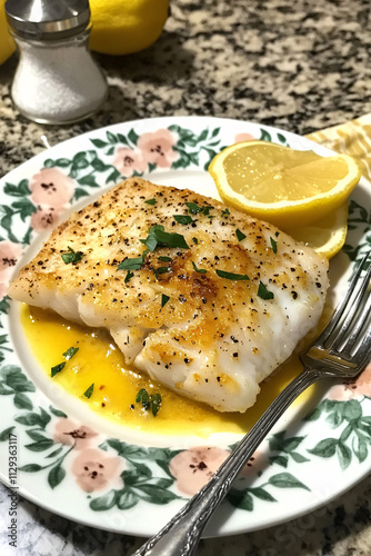 Elegant Baked White Fish Fillet with Lemon Garnish on Decorative Plate for Culinary and Food Photography Themes