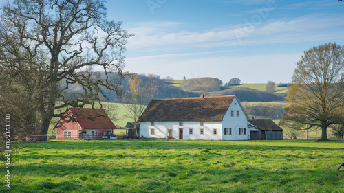 Serene Countryside Scene with Traditional White Farmhouse on Lush Green Meadow, Red-Roofed Structure Nearby, Peaceful Rural Landscape