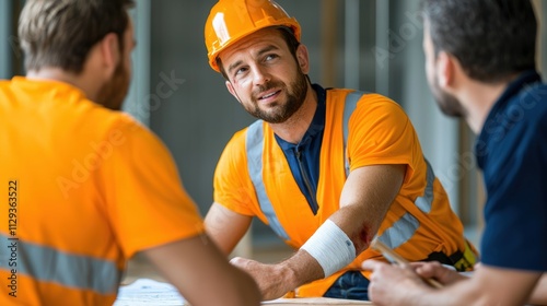 Construction worker discusses site safety office meeting urban area professional environment collaborative viewpoint