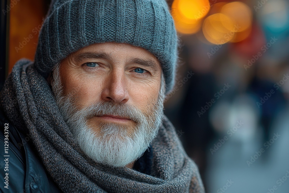 Portrait of a bearded man wearing a hat and scarf, great for use in editorial or commercial settings Portrait of a bearded man wearing a hat and scarf, great for use in editorial or commercial settings