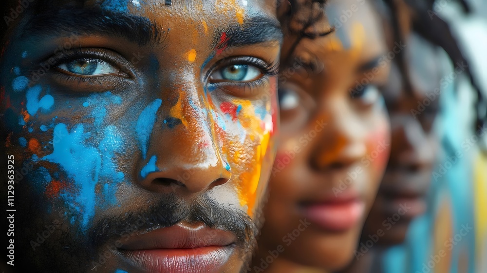 A group of people with colorful face paint, one of them has blue eyes A group of people with colorful face paint, one of them has blue eyes