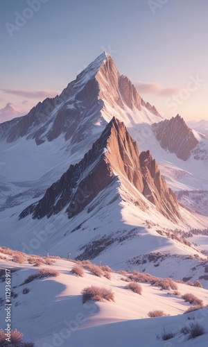 Delicate pastel shades and gentle hues adorn the snow-covered peaks of Lone Peak at dawn, frosty morning, alpenglow, serene atmosphere