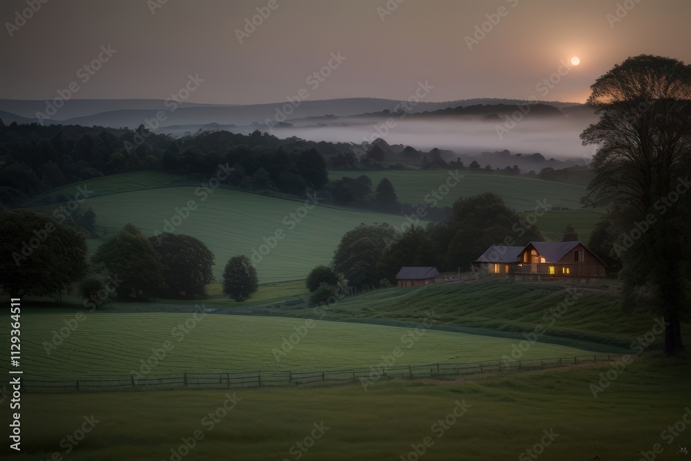 Tranquil Countryside Escape: Rustic Cabin at Moonrise