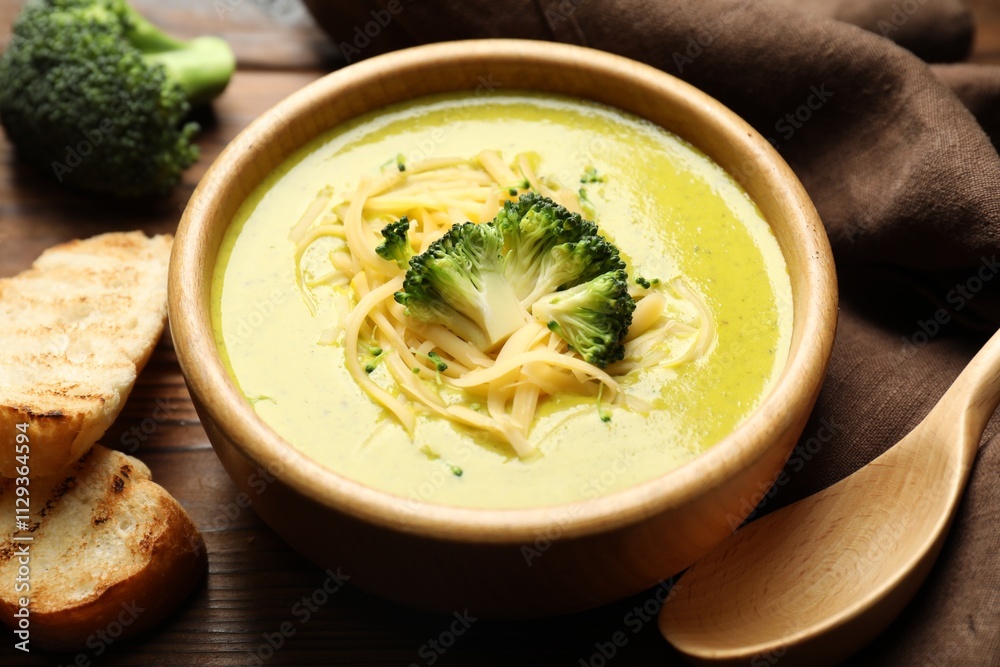 Delicious broccoli cream soup served on table, closeup Delicious broccoli cream soup served on table, closeup