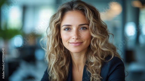 Wallpaper Mural Smiling young woman with curly hair in a modern office setting during daylight Torontodigital.ca