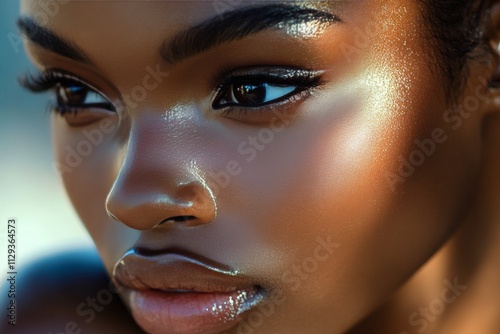 Young woman with radiant skin and freckles enjoying nature in a lush garden