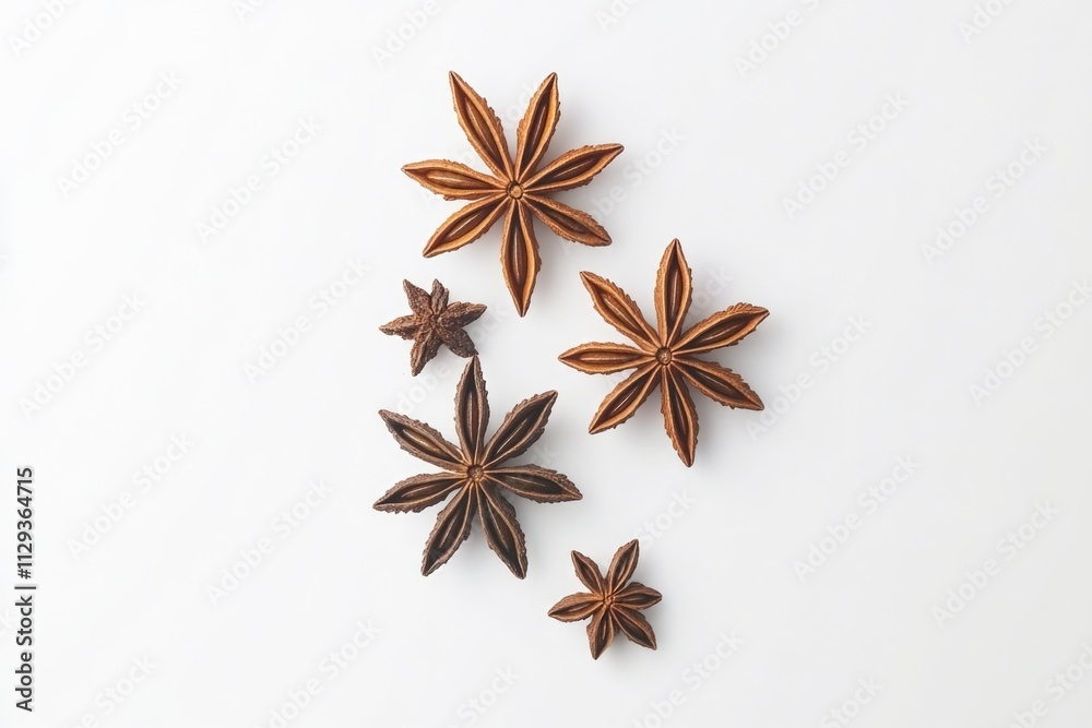Close-up shot of an assortment of star anise on a white surface Close-up shot of an assortment of star anise on a white surface