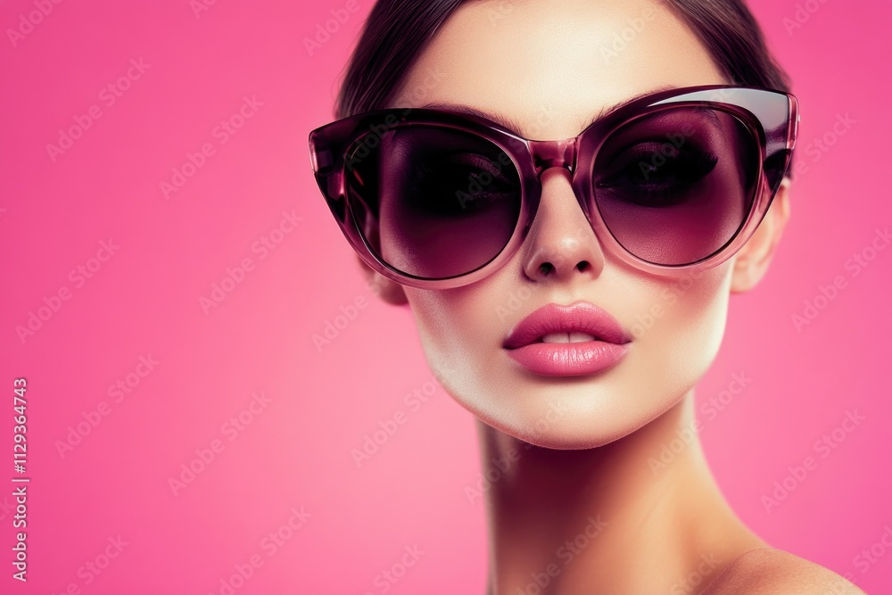 A woman wearing trendy sunglasses against a bright pink background A woman wearing trendy sunglasses against a bright pink background