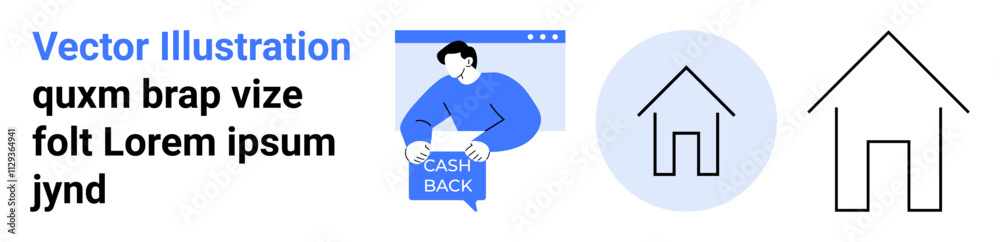 Man holding cash back banner, small outline house in blue circle, larger outline house. Ideal for website banners, promotional materials, UIUX design, marketing, real estate, e-commerce