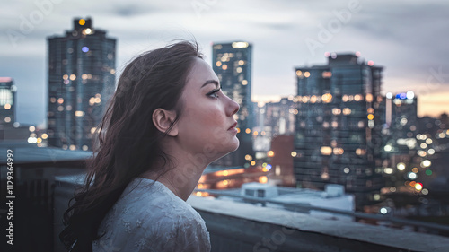 Woman in Profile Gazing into Distance with Cityscape at Dusk or Dawn, Overcast Sky, Tall Buildings with Lights, Soft City Glow, Rooftop or Balcony Vantage Point