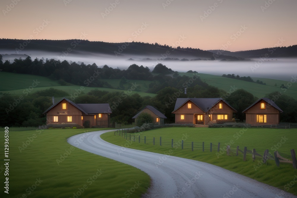 Tranquil Country Estate at Dusk: Log Cabins Nestled in a Misty Valley Tranquil Country Estate at Dusk: Log Cabins Nestled in a Misty Valley