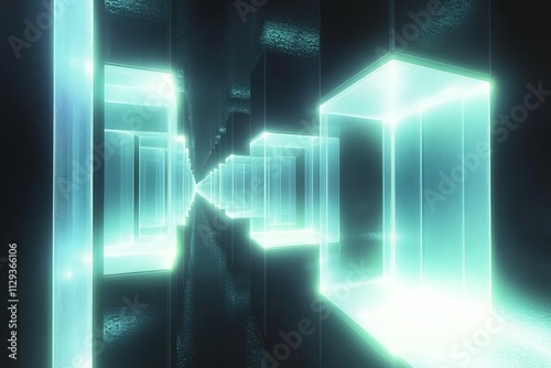 secure server room with glowing panels of data storage units in cool blue and white light