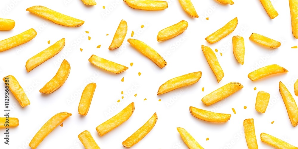 A background of French fries, each with its shadow, scattered across the canvas in an elegant display, with soft A background of French fries, each with its shadow, scattered across the canvas in an elegant display, with soft