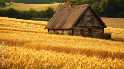 A rustic farmhouse with a thatched roof, surrounded by fields of golden wheat swaying in the breeze.