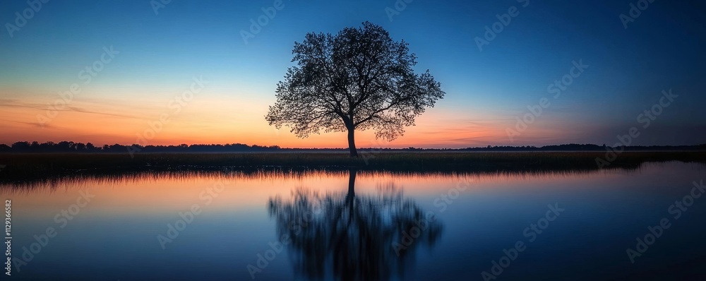 Fototapeta premium Serene Landscape at Twilight With a Lone Tree, Generative AI