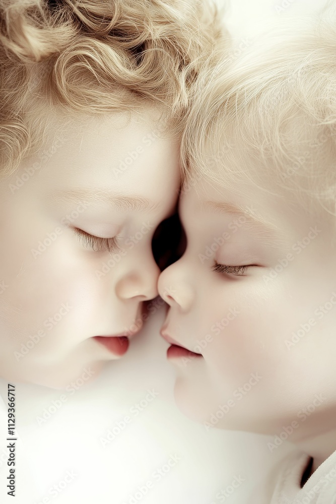 Two toddlers sleep soundly, faces touching. Two toddlers sleep soundly, faces touching.