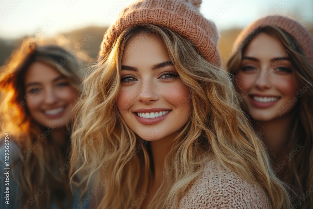Fototapeta premium A group of young women stand together in a casual setting, smiling and laughing