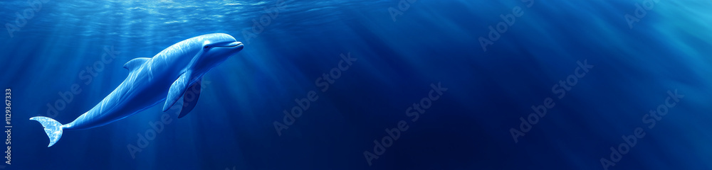 Fototapeta premium Blue Dolphin Swimming Underwater in Clear Deep Blue Ocean With Light God Rays Banner. Copyspace for Text