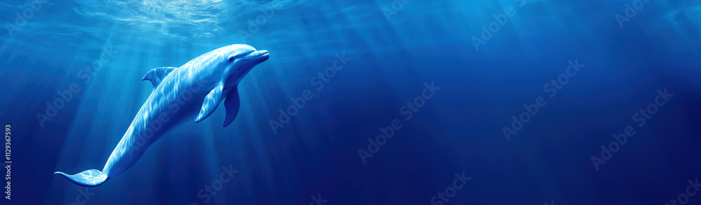 Naklejka premium Blue Dolphin Swimming Underwater in Clear Deep Blue Ocean With Light God Rays Banner. Copyspace for Text