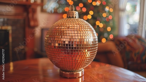 A shiny disco ball sits atop a wooden table, perfect for parties or events photo