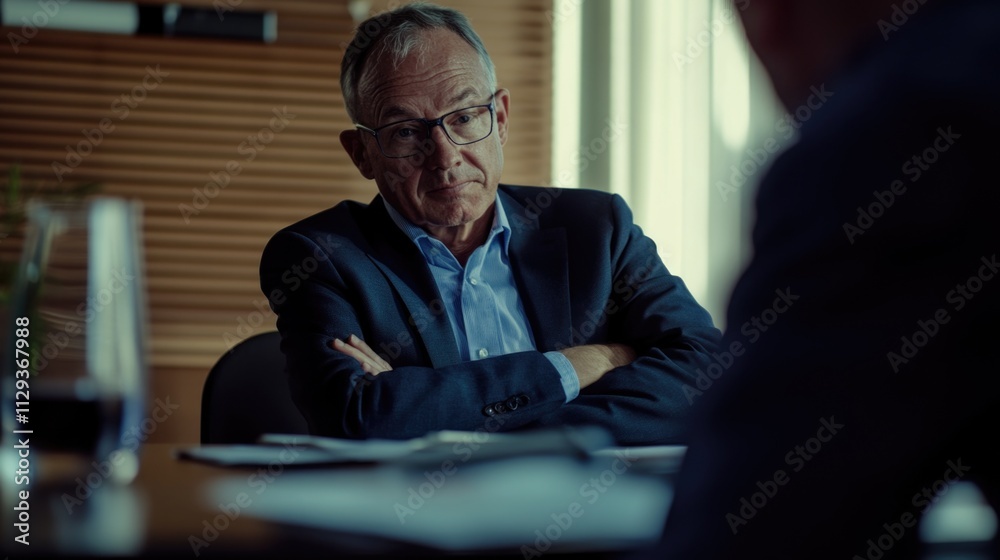 A person sitting at a desk with their arms crossed, possibly waiting for something or concentrating A person sitting at a desk with their arms crossed, possibly waiting for something or concentrating