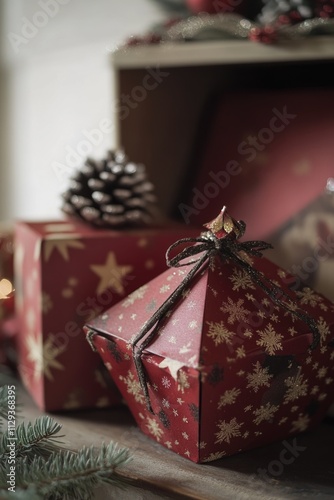 A decorative red box adorned with gold stars and a natural pine cone