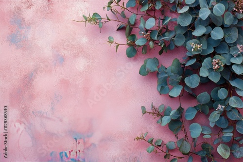 Eucalyptus leaves frame a soft pink background for nature inspired designs photo